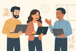 © Jonas - Team of colleagues working together in the office. Three smiling business people characters holding laptops and discussing a project. Teamwork and collaboration concept.