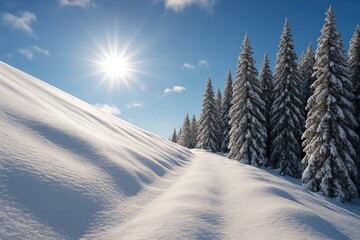 Wall Mural - bright sunlight illuminating a snowy hill