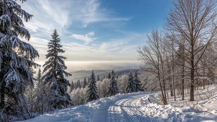 Wall Mural - sunshine illuminating a snowy forest pathway in a serene winter setting