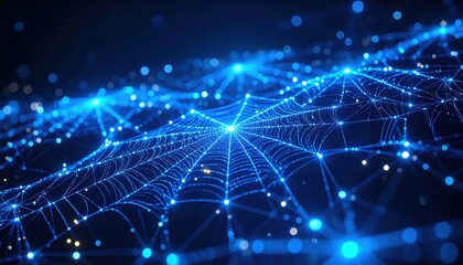 Abstract blue glowing web pattern with bokeh lights,  digital network concept background.