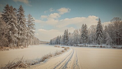 Wall Mural - a sunny winter day showcasing tall alder trees beside a frozen river with a snow-trodden trail. mura