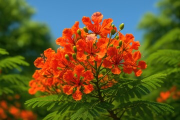 detailed view of stunning decorative blossoms known as royal poinciana, flamboyant, flame of the for