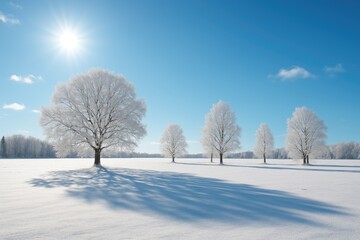 Wall Mural - clear winter day with sunlight and treetops in an open field