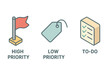© Jule - Task priority icon set. Isometric flat icons for project management. High priority flag, low priority tag, and to-do list for effective workflow organization and planning.
