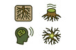 © Jule - Isometric Flat Vector Icon Set of Tree Roots Telepathy Network, Root Veins, Mindwave Symbols, Glowing Root Nodes, Brain and Neural Connections, Nature and Technology Concept