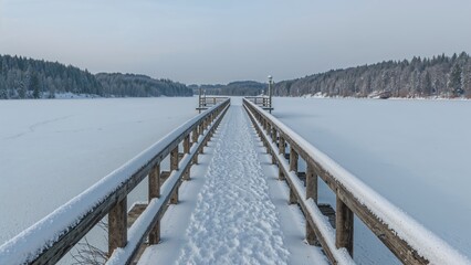 Wall Mural - frozen lake with a snowy timber jetty