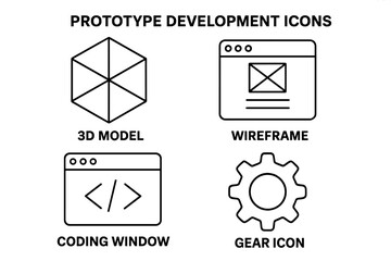 prototype development icons. outline icon set of prototype and mvp. includes 3d model, wireframe, co