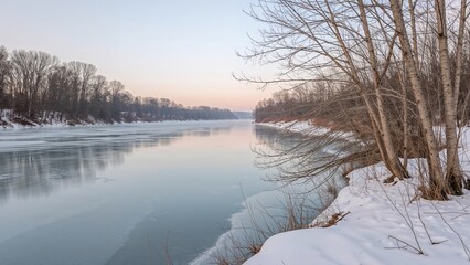 Wall Mural - winter scene of a frozen river landscape
