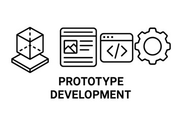 prototype development icon set. outline icons for mvp, product design, 3d model, ui wireframe, user 