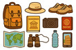 © VectorStudios - Travel and tourism vector icon set. Collection of vacation essentials. Backpack, passport, map, camera, guidebook for adventure, hiking, journey, and historical exploration.