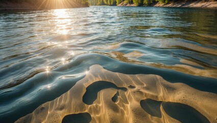 Wall Mural - bright summer scene with transparent water in a river, revealing sandy sediments at the bottom and s
