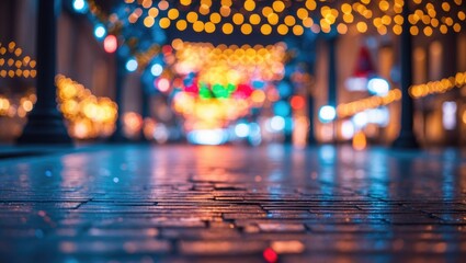 Wall Mural - Seasonal street scene featuring decorative lights and soft-focus glowing background