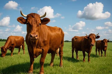 Wall Mural - cattle with brown coats peacefully feeding in the pasture