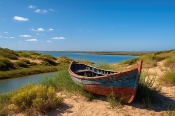  Old boat resting on the sandy dunes covered with lush vegetation in a wetland region
