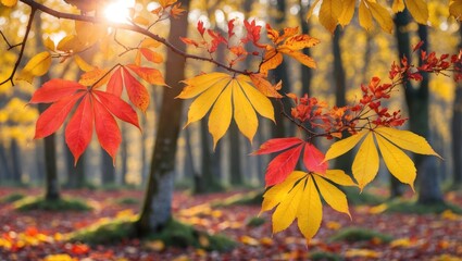 Wall Mural - bright fall leaves displaying yellow and crimson colors on the rowan tree