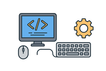 Web development and programming concept. Vector illustration of a modern digital workspace with computer, code on screen, keyboard, mouse and gear for setup or settings.