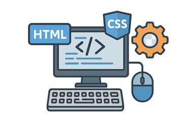 Web development and programming concept. Vector illustration of a computer with code, keyboard, mouse, gear, HTML and CSS language icons. Front-end software engineering.