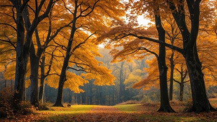 Wall Mural - autumnal trees with falling leaves