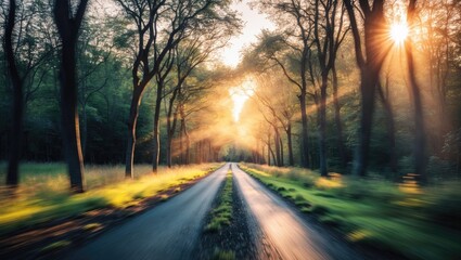 Wall Mural - Blurred depiction of a roadway weaving through forested area illuminated by bursts of light