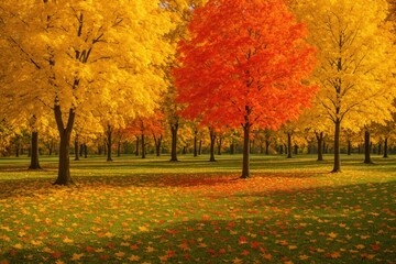 Wall Mural - autumnal scenery with colorful trees and fallen leaves in the park