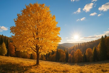 Wall Mural - colorful autumn leaves adorning a tree with a scenic nature backdrop