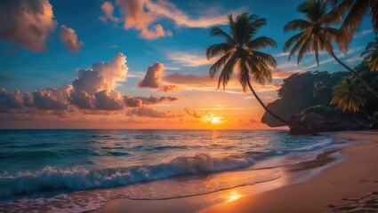 Wall Mural - vibrant sunset casting warm hues on a beach in a tropical region