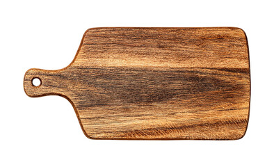 Wooden cutting board with handle isolated on transparent background, perfect for food preparation and serving ingredients