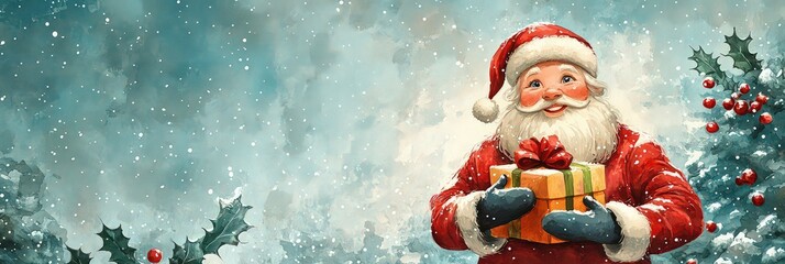 Santa Claus joyfully holds a beautifully wrapped gift decorated with a red bow in a magical winter wonderland invitation, promotional banner with copy space