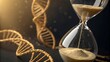 © MdRasel - Golden DNA helix and an hourglass with flowing sand representing the genetic timeline, aging process, and mortality.