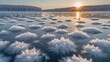 © NFTNexus - Winter landscape by a lakeside displaying delicate ice patterns on the frozen surface with sunlight glow