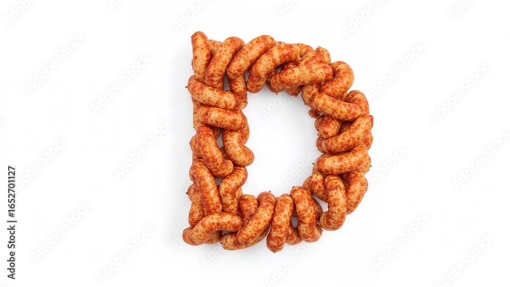 Alphabet made from sausage slices on a white backdrop. Latin character ...