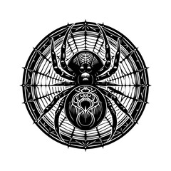 Spider on web isolated on white background in black and white drawing