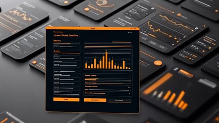Dark themed mobile app and web interface design showcasing data analysis and charts