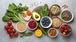 © Dmytro - Colorful array of healthy food options featuring fruits, seeds, grains, and greens for nutritious meal preparation