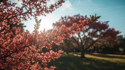 Wall Mural - midday shot of a pink acacia branch in a garden setting
