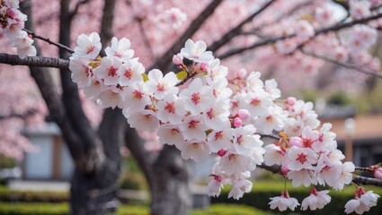 Canvas Print - display a collection of elegant white and pink cherry blossoms in a picturesque setting