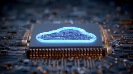 Cloud computing concept Glowing cloud on a computer chip with data storage.