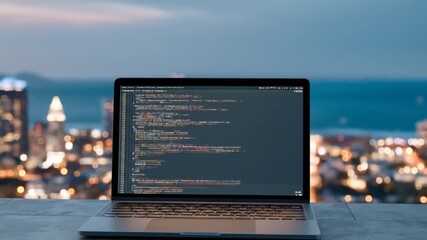 Coding laptop with programming language over urban landscape with IT tech concept.