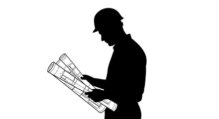 transparent background silhouette engineer reviewing blueprints for design projects