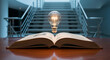 © Mirivox - Illuminated lightbulb above open book on wooden table, blurred staircase background, symbolizing knowledge, inspiration, and new ideas, perfect for education or business concepts