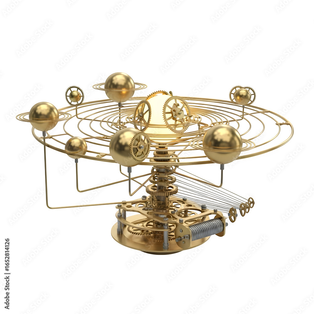 Orrery isolated on transparent background, a mechanical model of the solar system with golden planets
