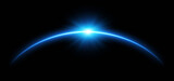 Glowing blue sunrise over planet horizon in deep space, vector illustration with shining light rays, futuristic cosmic background for science, technology, astronomy, and cosmic atmosphere design