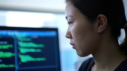 Focused programmer analyzing code on a computer screen in a modern office environment