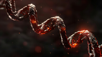 Wall Mural - close up view of twisted, metallic structure resembling dna strand, glowing with fiery orange and re