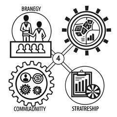 Business strategy and team management concept with connected gears and diagrams isolated on white background for corporate planning and development process