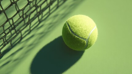 Tennis ball isolated on clean green court, overhead perspective, soft cinematic glow with net shadow detail, Octane Render hyperrealism, minimalist ad-ready style.