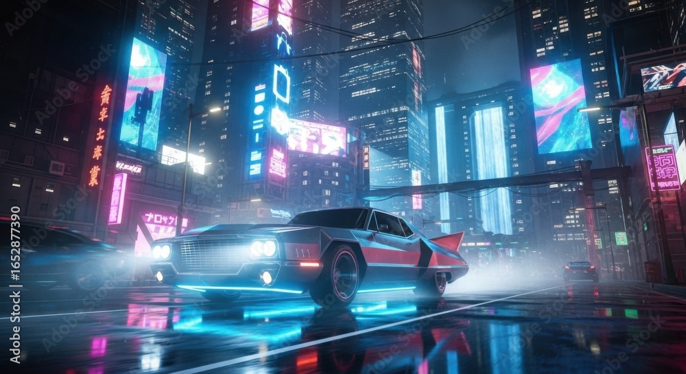 Futuristic flying car navigates a neon lit cyberpunk city street at ...