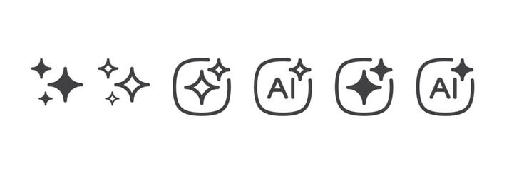 Set of Generative AI icons. AI sign with magic sparkle stars symbol. Artificial intelligence concept. Chatbot and Assistant. Web user interface for UI UX design. Vector illustration. Editable Stroke.