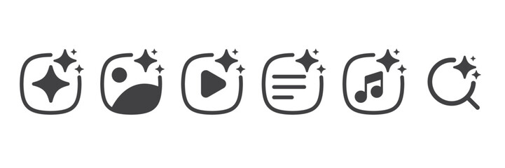 Set of Generative AI icons. Artificial intelligence sign with sparkle stars symbol. AI assistant chatbot. Voice, Image, video, and search. Web user interface for UI UX design. Vector editable stroke.