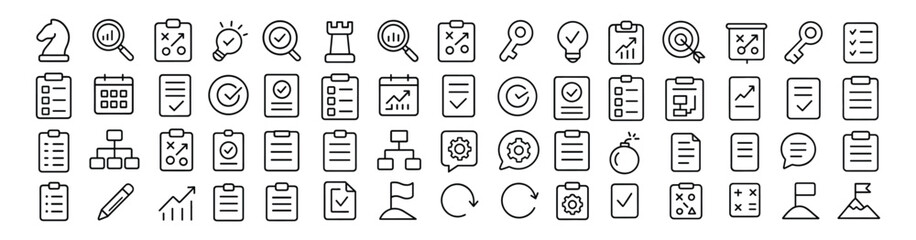 Action plan vector web icon set in modern line style, strategy and planning icons for web and mobile app, including analysis, tasks, goals, implementation, project management